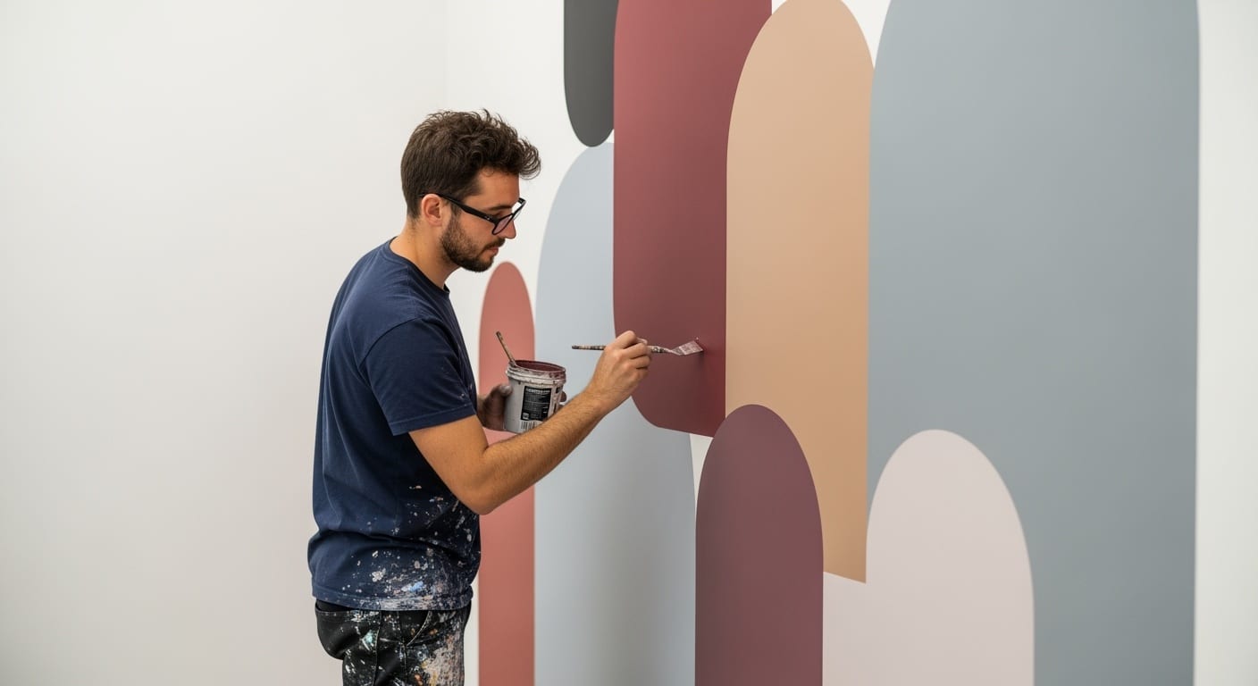 Ein Mann mit Brille malt ein großes geometrisches Wandbild mit runden Formen in Rosa-, Braun- und Grautönen auf eine weiße Wand. Er hält eine Farbdose und einen Pinsel in der Hand und trägt ein mit Farbe bespritztes Hemd und eine Jeans.