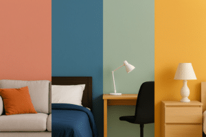 Aufgeteiltes Bild mit vier Innenszenen. Links: beiges Sofa mit orangefarbenem Kissen, rosa Wand. Zweitens: blaues Bett, weißes Kissen, blaue Wand. Drittens: Lampe auf Holzschreibtisch, schwarzer Stuhl, grüne Wand. Rechts: Lampe auf Holzkommode, gelbe Wand.