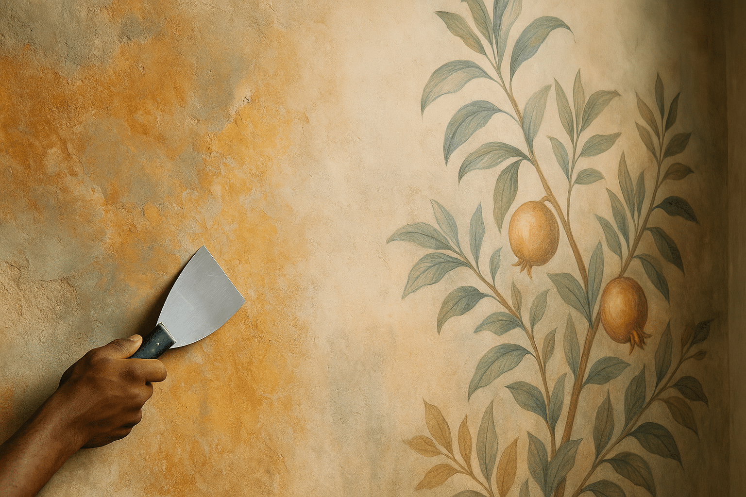 Eine Hand, die einen Spachtel hält, kratzt an einer strukturierten Wand neben einem gemalten Wandbild mit einem belaubten Zweig mit zwei Granatäpfeln. Die Wand weist Verfärbungen und Gebrauchsspuren auf.